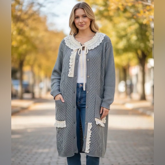 POL Sweaters - POL Gray Cardigan with Cream Lace Accents